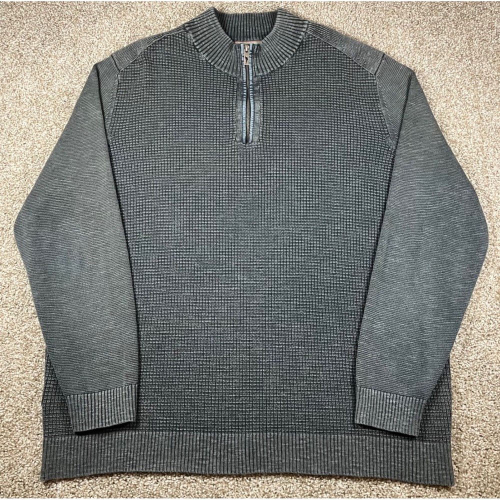 Tommy Bahama Mens XXL Charcoal Gray Waffle Knit 1/4 Zip Heavy Cotton Sweater
